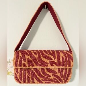 Orange & Burgundy Printed Beaded Bag